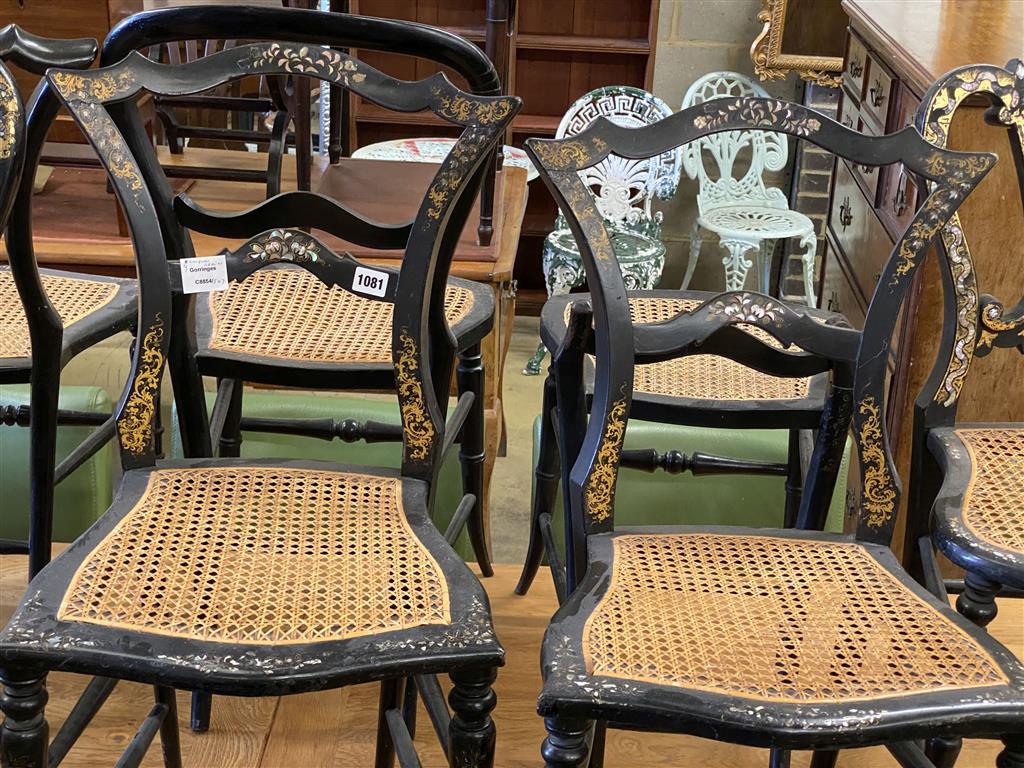Nine Victorian mother of pearl inlaid lacquered caned seat side chairs